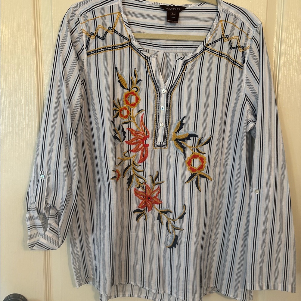 Multiples Striped Embroidered Women's Top